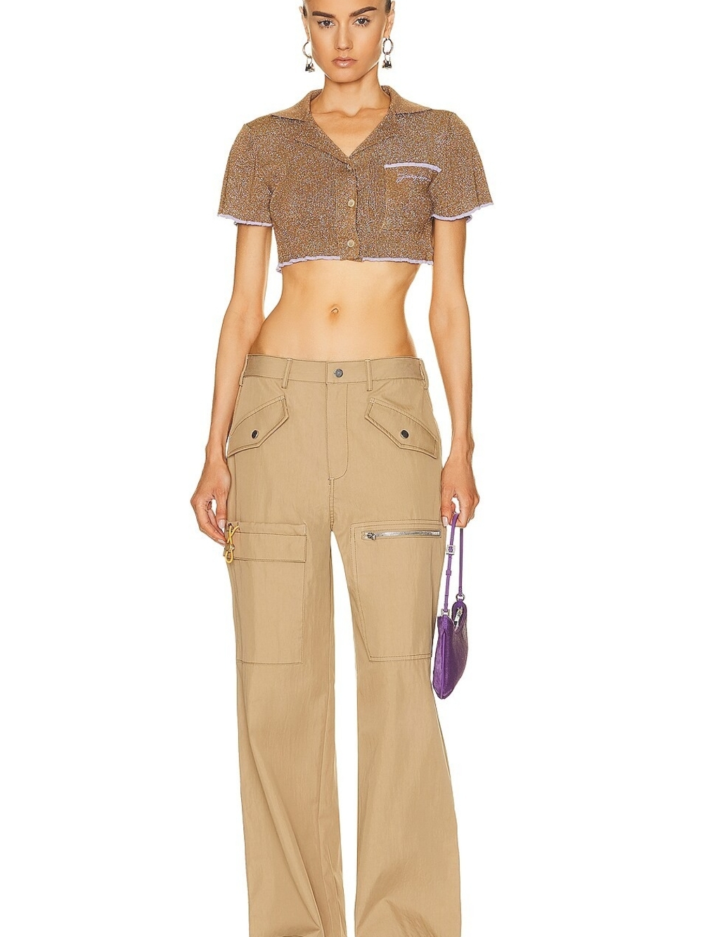 Jacquemus Le Haut Brilho Metallic Brown Cropped Polo Top with Lilac Trim